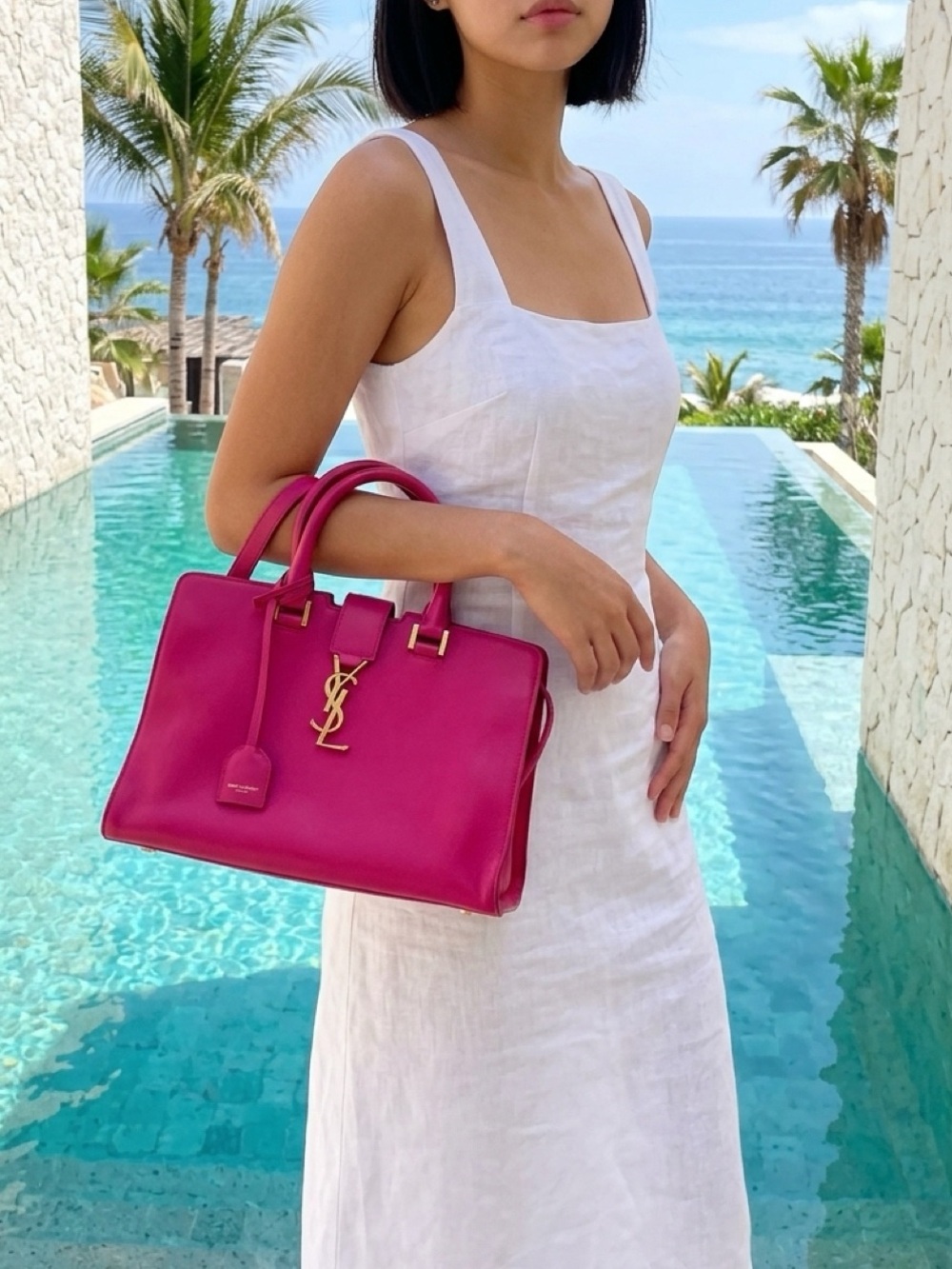 Saint Laurent Fuchsia monogram downtown cabas leather Satchel with Gold Hardware